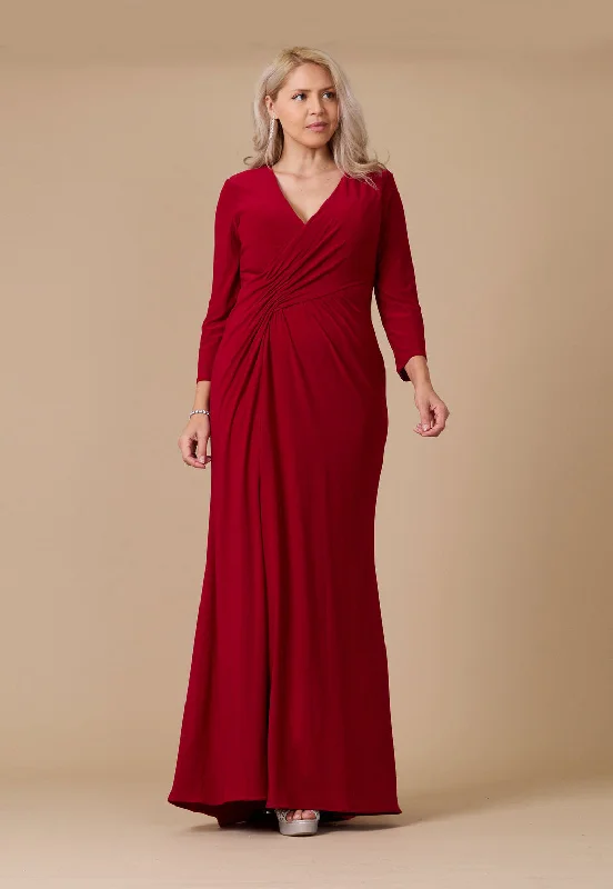 Long Formal Stretch Evening Long Sleeve Dress Burgundy