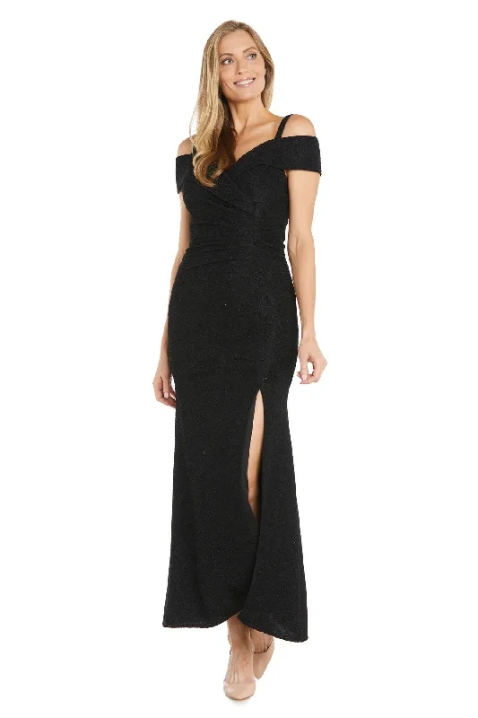 R&M Richards Long Pleated Formal Glitter Evening Dress