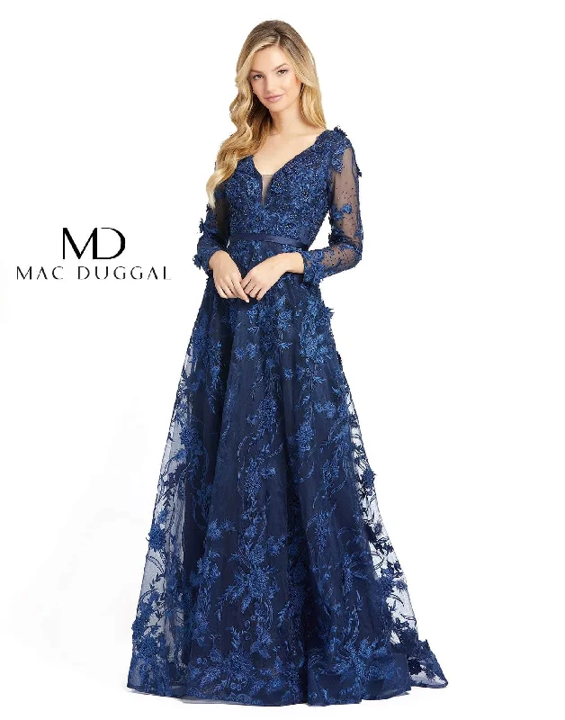 Mac Duggal Long Sleeve A Line Floral Evening Dress