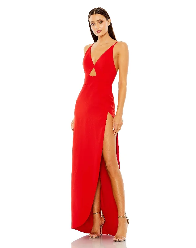 Mac Duggal 27434 Long Thin Strap Cutout High Slit V Neck Dress