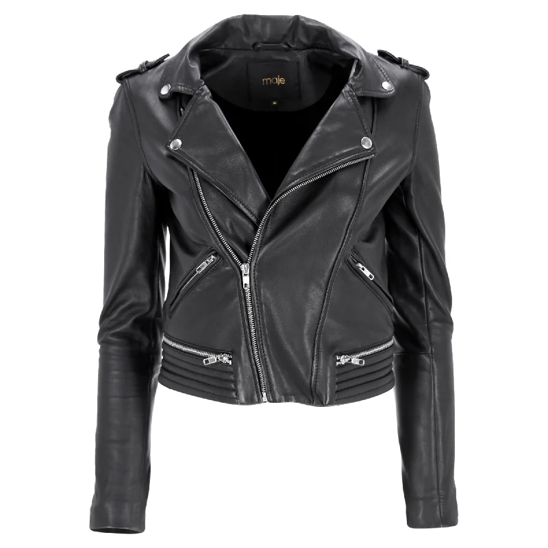 Maje Maya Biker Jacket with Quilt Detail in Black Leather