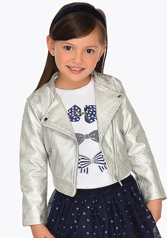 Mayoral Girls Metallic Biker Jacket, Silver