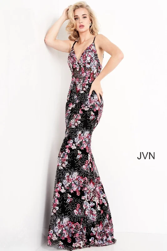 Jovani 05627 Embroidered V Neck Long Prom Dress