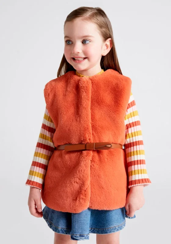 Mayoral Girl Faux Fur Gilet with Belt, Orange