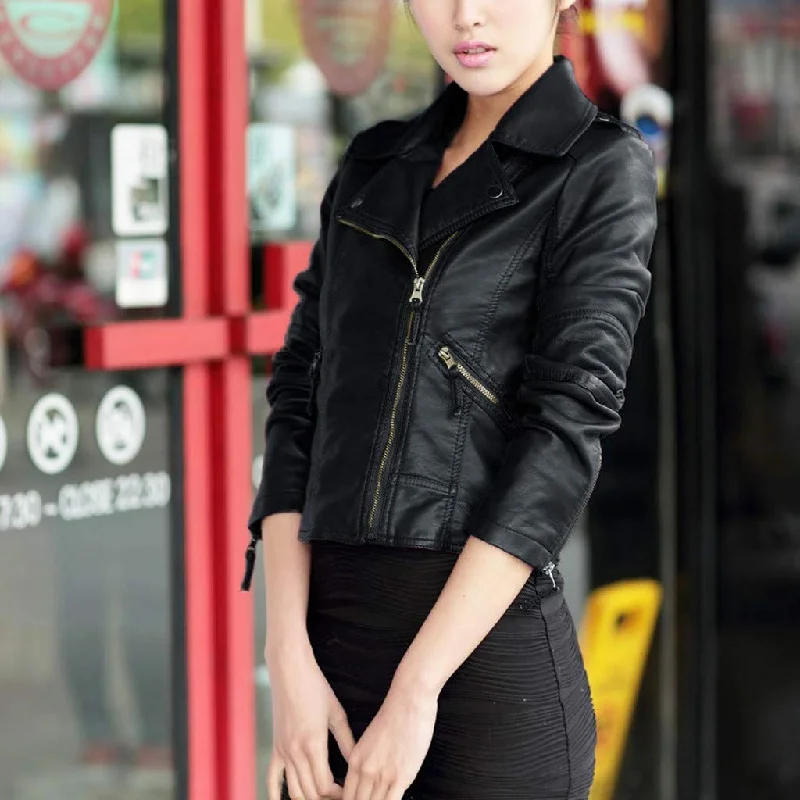 Trendy Tops for Women Leather Zipper Jacket