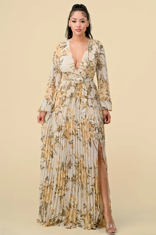 Printed Long Sleeve Pleated Maxi Dress