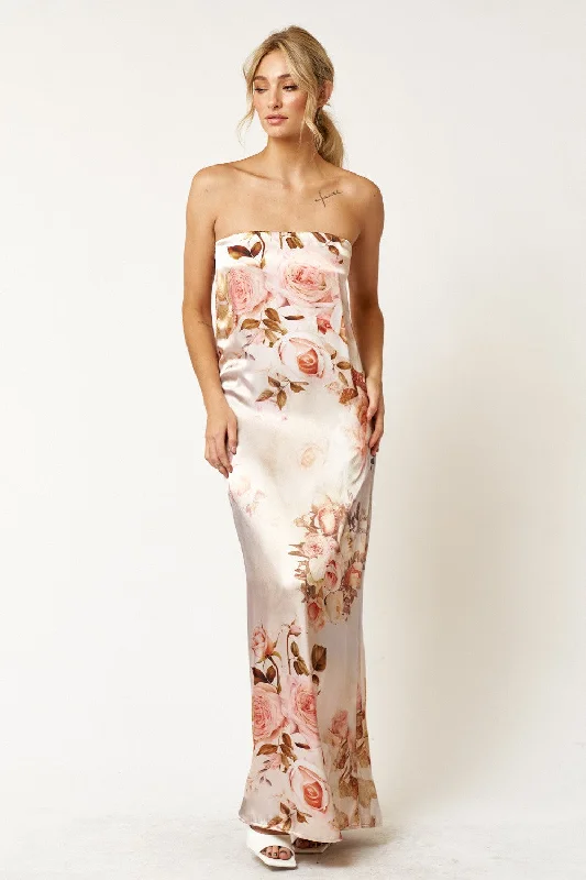 Long Strapless Flower Printed Satin Dress