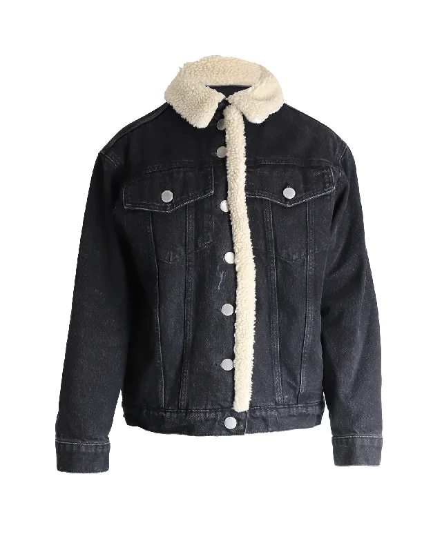 Maje Balta Faux-Shearling Trim Denim Jacket In Black Cotton