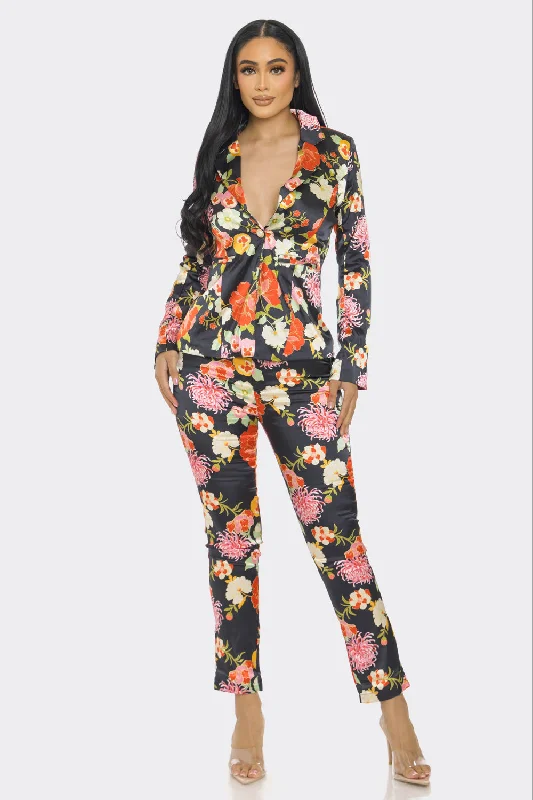 Floral Satin Print Jacket Pant Set