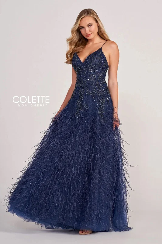 Colette CL2044 Prom Feather Formal Glitter Long Dress