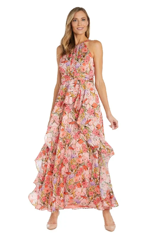 R&M Richards 1118 Long Halter Floral Ruffle Maxi Dress