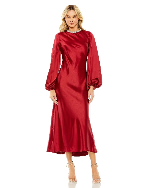 Mac Duggal 27350 Long Sleeve Satin Tea Length Dress