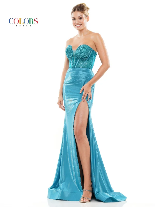 Colors 3138 Long Strapless Metallic Prom Dress