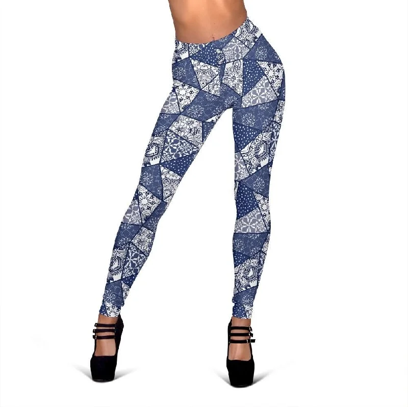 Blue Patchwork Pattern Print Women Leggings