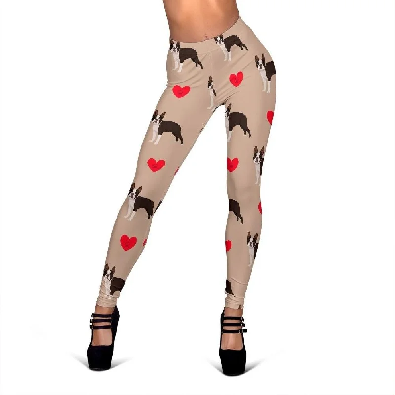 Boston Terrier Heart Paw Pattern Print Women Leggings