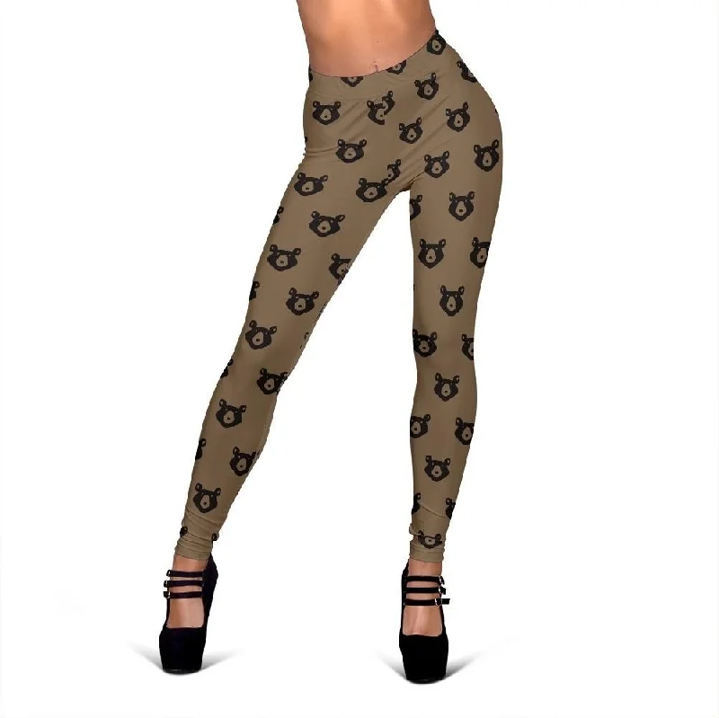 Brown Teddy Bear Pattern Print Women Leggings