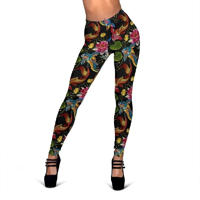 Crochet Koi Fish Lotus Pattern Print Women Leggings