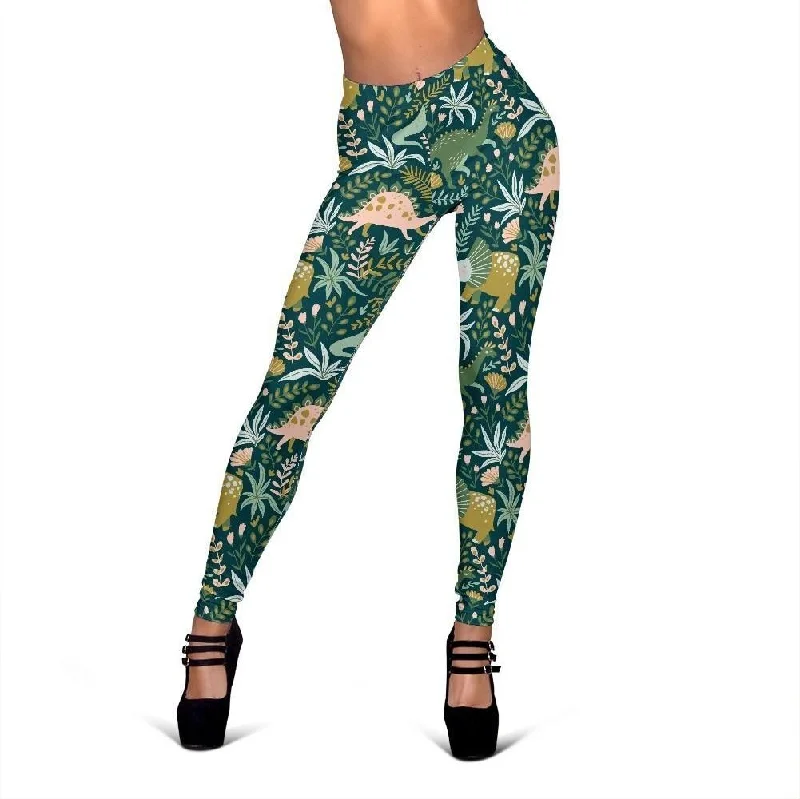 Dino Dinosaur Flower Leaf Pattern Print Women Leggings