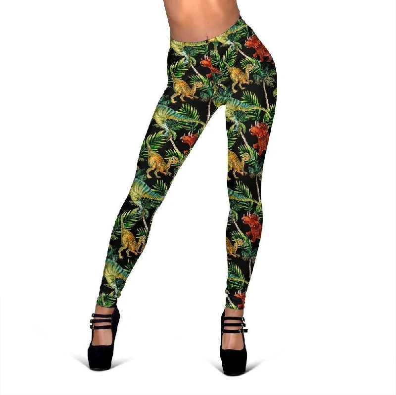 Dino Dinosaur Palm Leaf Pattern Print Women Leggings