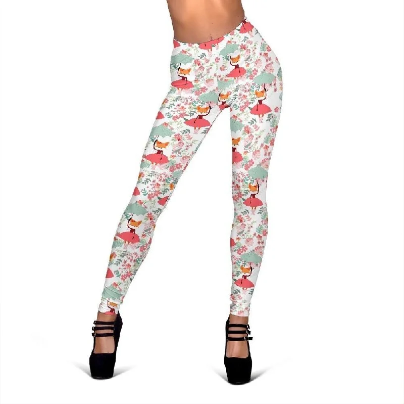 Fox Girl Flower Pattern Print Women Leggings