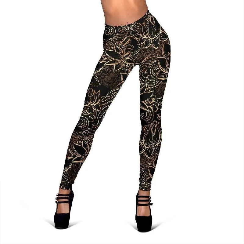 Golden Lotus Pattern Print Women Leggings