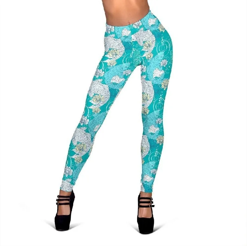 Koi Fish Lotus Pattern Print Women Leggings