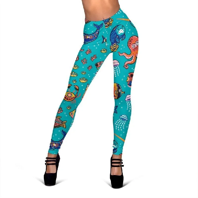 Manatee Whale Fish Octopus Pattern Print Women Leggings