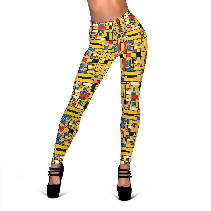 Yellow Mondrian Pattern Print Women Leggings